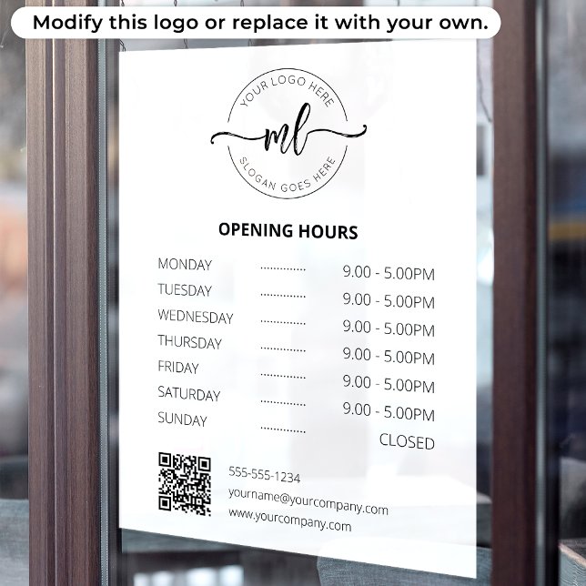 Business logo Professional Monogram Opening Hours Window Cling (Creator Uploaded)