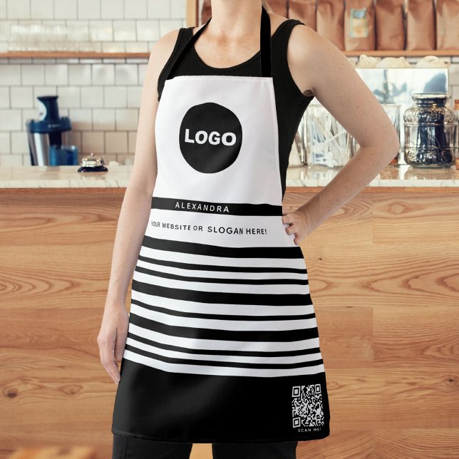 Business Logo QR Black White Stripes Employee Name Apron (Business Logo QR Black White Stripes Employee Name Apron)