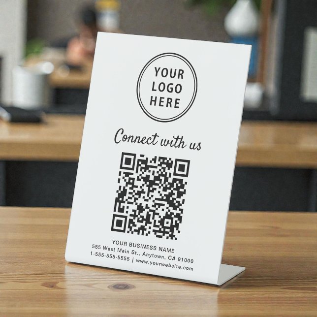 Business Logo QR Code Connect With Us Tabletop Pedestal Sign (Business Logo QR Code Connect With Us Tabletop Pedestal Sign)