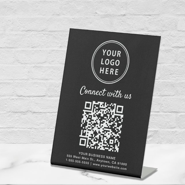 Business Logo QR Code Connect With Us Tabletop Pedestal Sign (A QR code sign to effortlessly connect your customers to your online platforms)