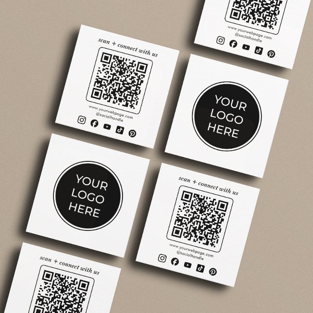 Business Logo QR Code Custom Social Icons Square Business Card (Front and back of 2.5 inch square business card. Choose a corner and paper style.)