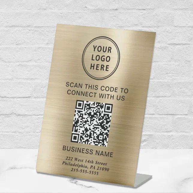 Business Logo QR Code Gold Pedestal Sign | Zazzle