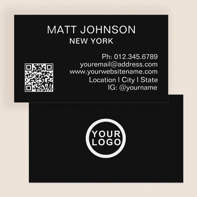 Business Logo QR Code Modern Black Business Card (Stylishly Personalize with Your Custom, Name, Logo, QR Code & Contact Information.)