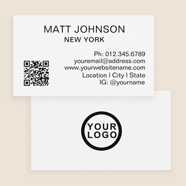 Business Logo QR Code Modern White Business Card (Stylishly Personalize with Your Custom Name, Logo, QR Code & Contact Information.)