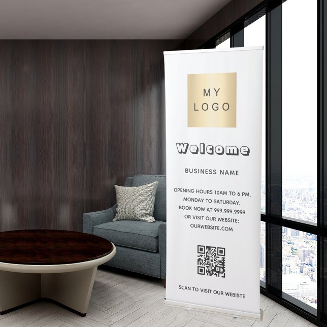 Business logo qr code opening hours brand colour retractable banner (Creator Uploaded)