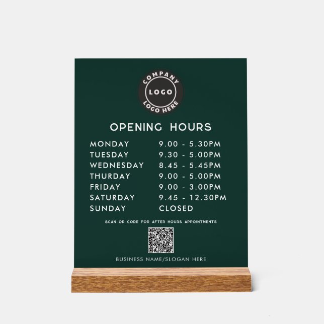 Business Logo QR Code Opening Hours Green Acrylic Sign (Front)