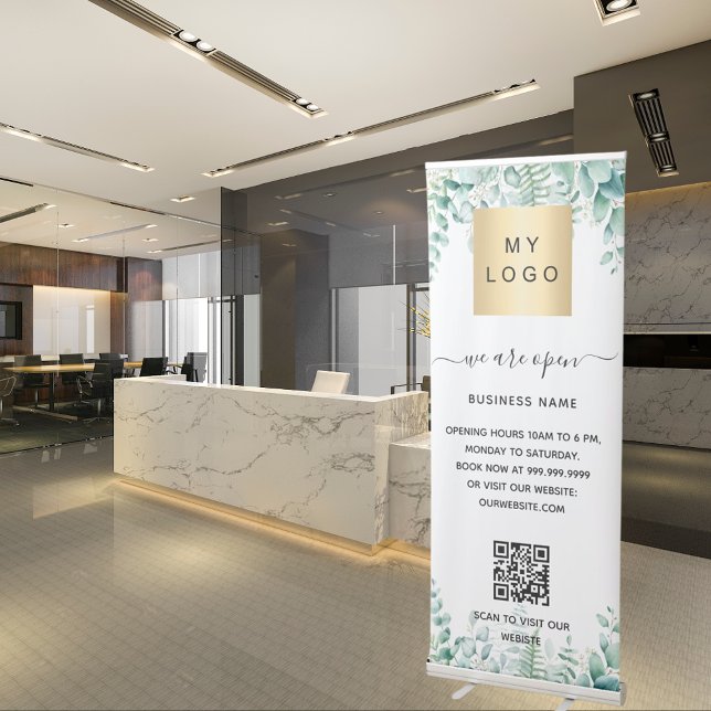 Business logo qr code opening hours greenery retractable banner (Creator Uploaded)