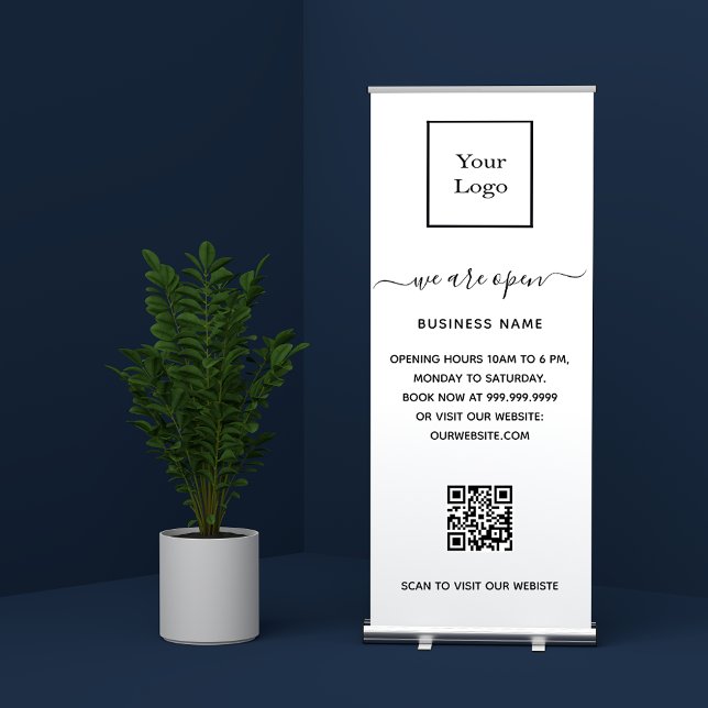 Business logo qr code opening hours retractable banner (Creator Uploaded)