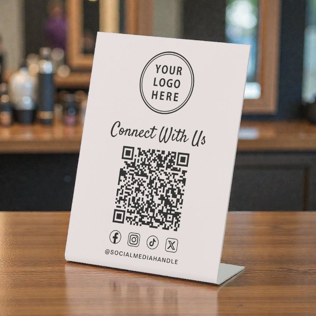 Business Logo QR Code Pink Tabletop Pedestal Sign (Business Logo QR Code Pink Tabletop Pedestal Sign)