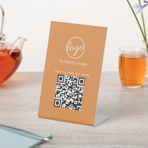 Business Logo QR Code Restaurant Menu Orange Pedestal Sign