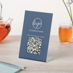 Business Logo QR Code Restuarant Menu Navy Blue Pedestal Sign
