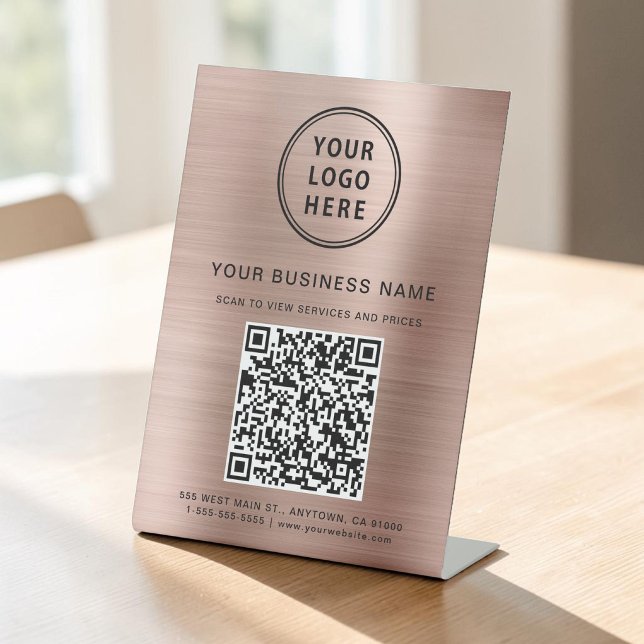 Business Logo QR Code Rose Gold Pedestal Sign (Business Logo QR Code Rose Gold Pedestal Sign)