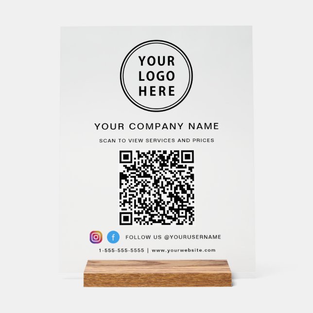 Business Logo QR Code Social Media Acrylic Sign (Front)