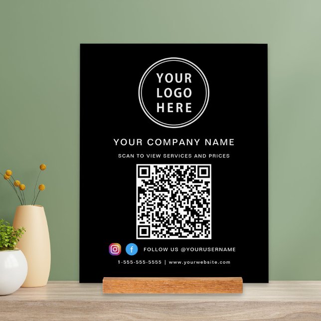 Business Logo QR Code Social Media Black Acrylic Sign (Creator Uploaded)