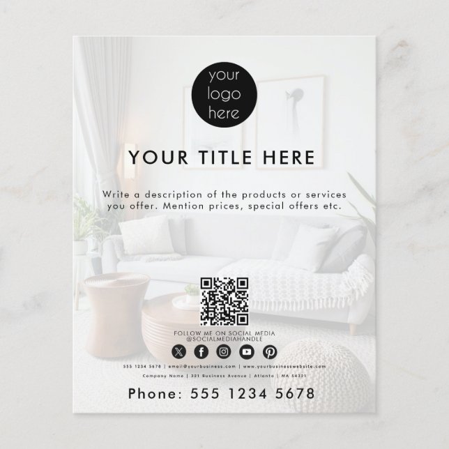 Business Logo QR Code Social Media Faded Photo Flyer (Front)