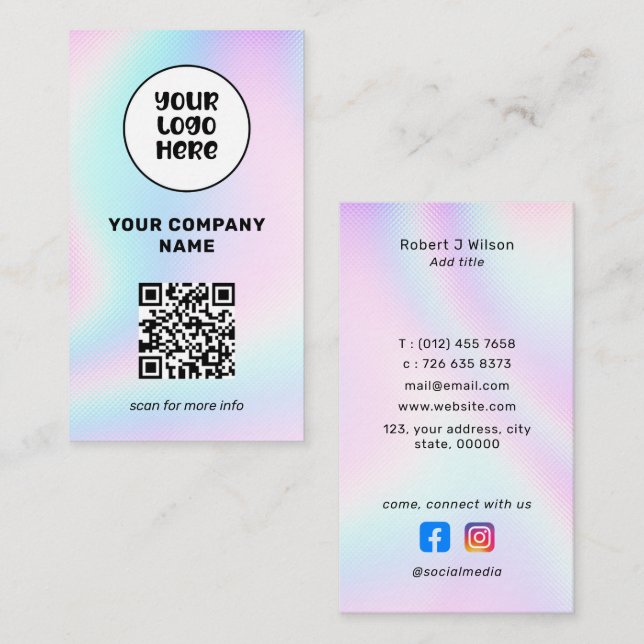 Business Logo QR Code Social Media Holographic Business Card (Front/Back)