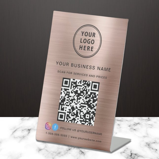 Business Logo QR Code Social Media Rose Gold Pedestal Sign (Creator Uploaded)