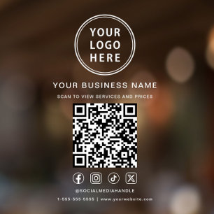Business Logo QR Code Social Media White Lettering Window Cling