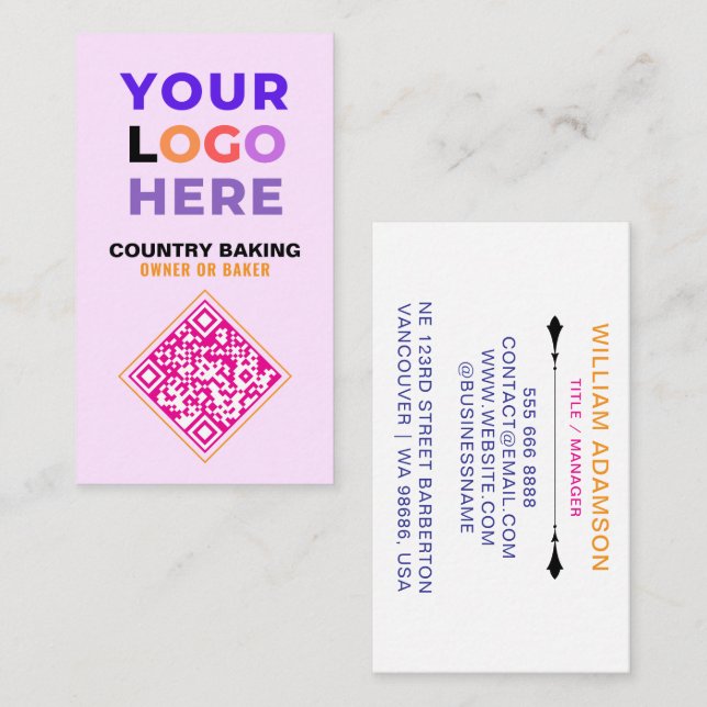 Business Logo & QR Code | White & Pink Bakery Card (Front/Back)