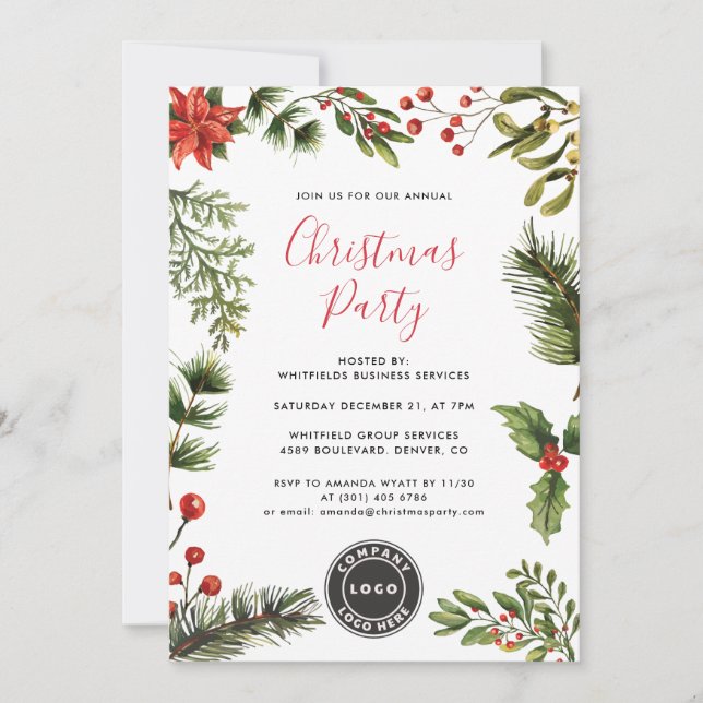 Business Logo Red Berries Script Christmas Party Invitation (Front)