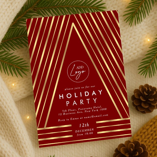 Business Logo Red & Gold Christmas Staff Party Invitation (Modern red and gold Christmas Party Business Logo Invitation)