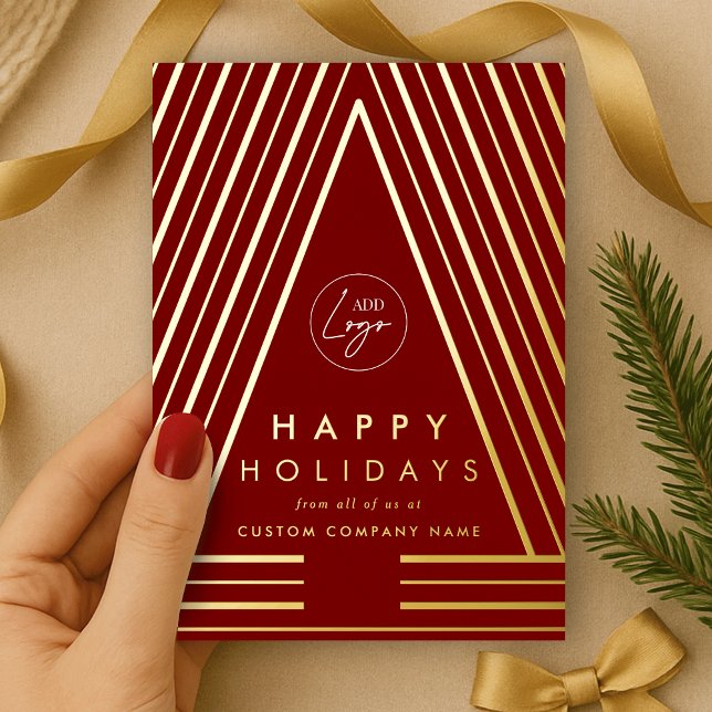 Business Logo Red & Gold Geometric Christmas Foil Holiday Card (Professional Christmas tree red and gold foil corporate logo holiday cards)