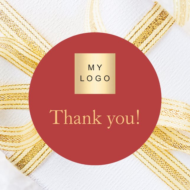 Business logo red gold thank you classic round sticker (Creator Uploaded)