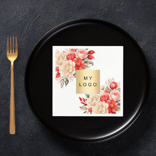 Business logo red ivory florals brand colour napkin