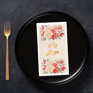 Business logo red ivory florals cream beige napkin