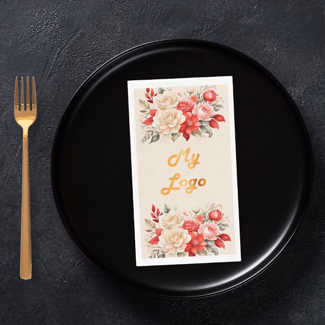 Business logo red ivory florals cream beige napkin (Creator Uploaded)