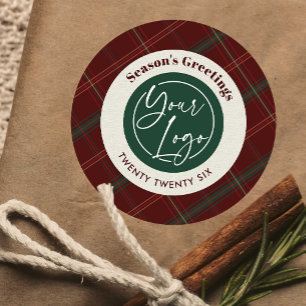 Business Logo Red Plaid Christmas Company Gifts Classic Round Sticker