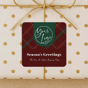 Business Logo Red Plaid Corporate Holiday Gifts Square Sticker