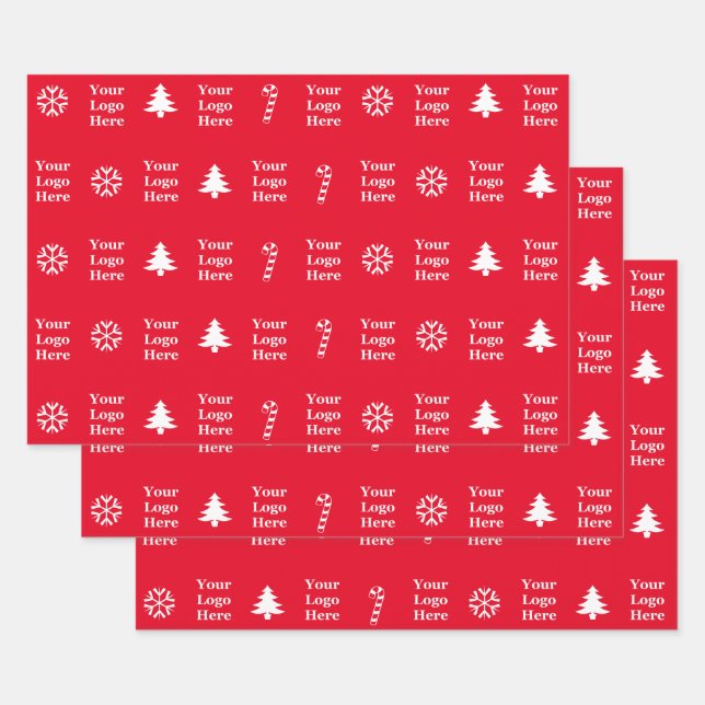Business Logo Red White Christmas Trees Candy Cane Wrapping Paper Sheet (Set)