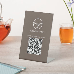 Business Logo Restaurant Menu QR Code Brown Pedestal Sign