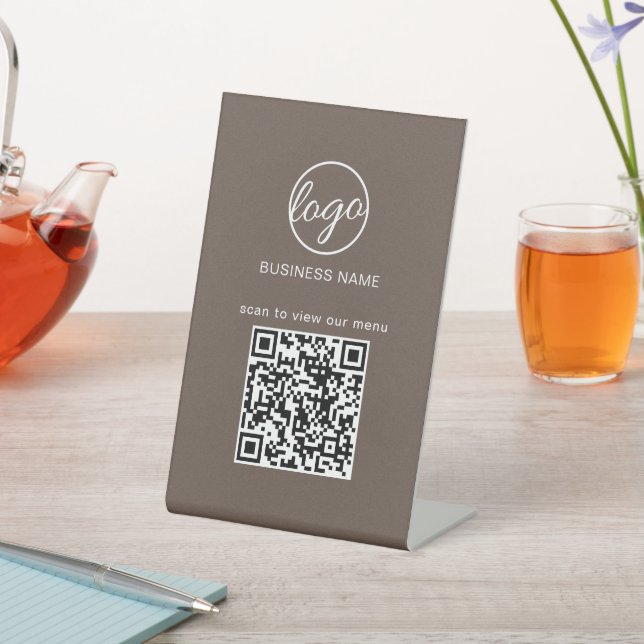 Business Logo Restaurant Menu QR Code Brown Pedestal Sign (In SItu)