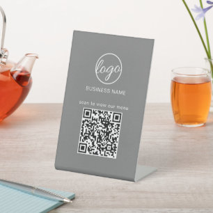 Business Logo Restaurant Menu QR Code Grey Pedestal Sign