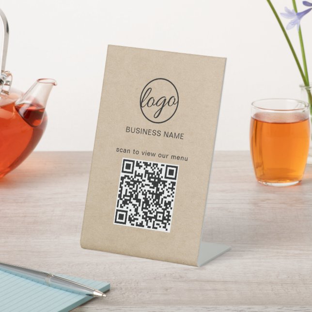 Business Logo Restaurant Menu QR Code Kraft Pedestal Sign (In SItu)