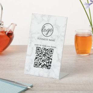 Business Logo Restaurant Menu QR Code Marble Pedestal Sign