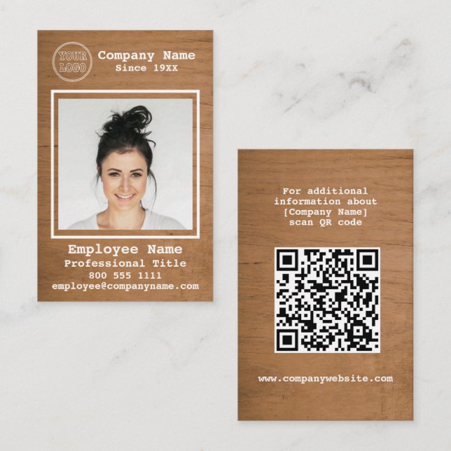 Business Logo Rustic Light Wood Photo Employee Card (Front/Back)