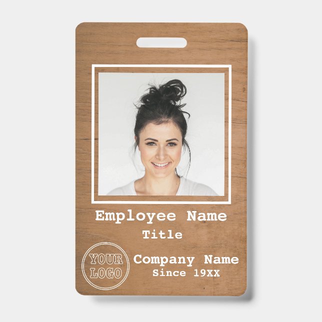 Business Logo Rustic Light Wood Photo Employee Id Badge (Front)