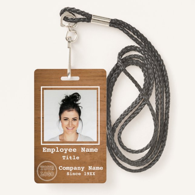 Business Logo Rustic Light Wood Photo Employee Id ID Badge (Front with Lanyard)