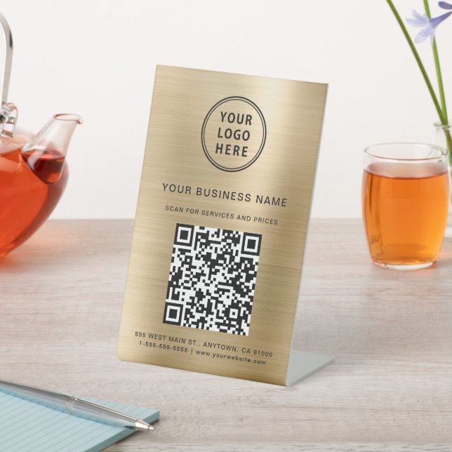 Business Logo Scan Me QR Code Gold Pedestal Sign (In SItu)