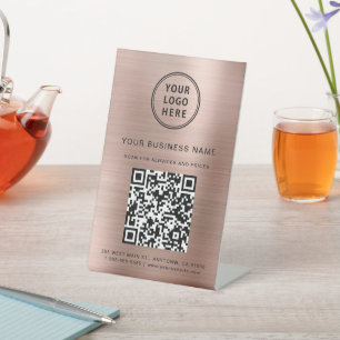 Business Logo Scan Me QR Code Rose Gold Pedestal Sign