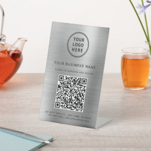 Business Logo Scan Me QR Code Silver Pedestal Sign