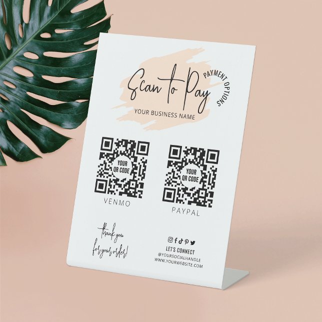 Business Logo Scan To Pay 2 QR Codes Cream Beige Pedestal Sign (Make modern payment signs for your business with this light beige watercolor pedestal sign design)