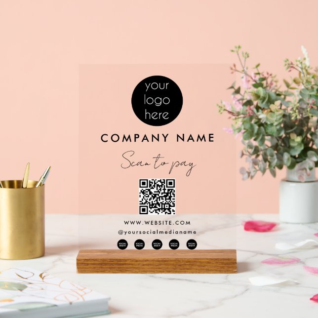 Business Logo Scan to Pay QR Code Social Media Acrylic Sign (Wedding)