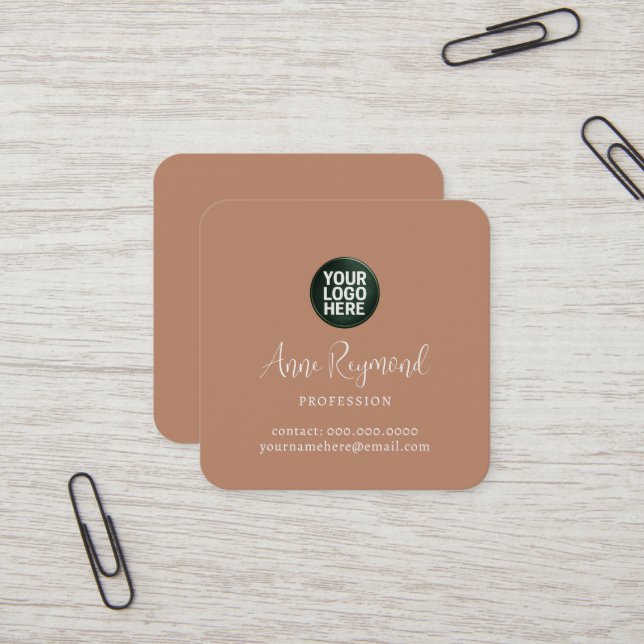 Business Logo / Script Name terracotta brown Square Business Card (Front/Back In Situ)