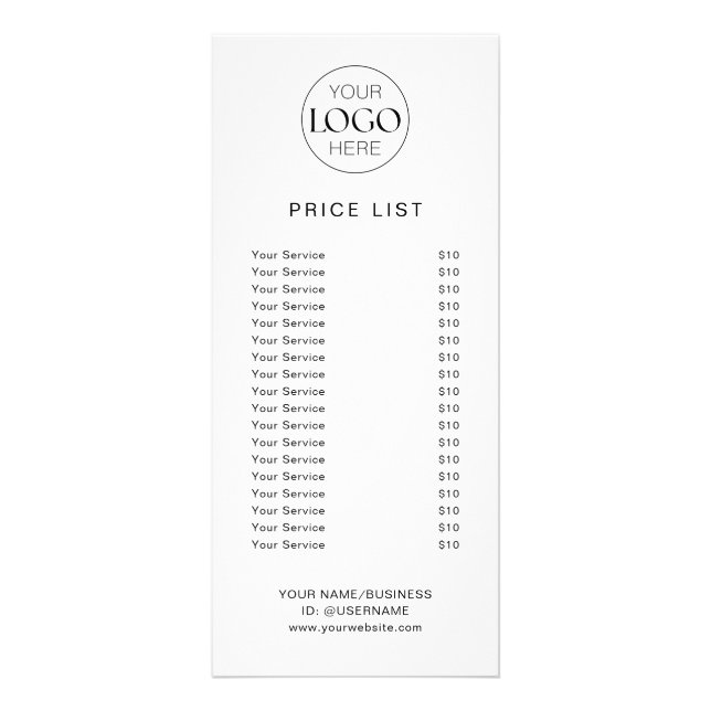 Business Logo Service Price List Chic White Rack Card (Front)