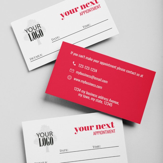 Business Logo Simple Minimalist Bold Red Appointment Card (Red and white add your logo appointment cards)