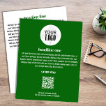 Business Logo Simple Minimalist Green Flyer<br><div class="desc">This design features a business flyer,  you can add your logo,  as well as your URL QR code,  with a simple minimalist,  modern,  green and white style with an elegant,  create-your-own template,  perfect for any small business.</div>
